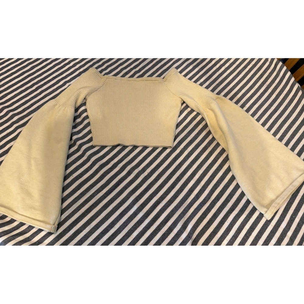 Y2K Le Lis Collection Cream Ribbed Off the Shoulder Bell Sleeve Sweater  M